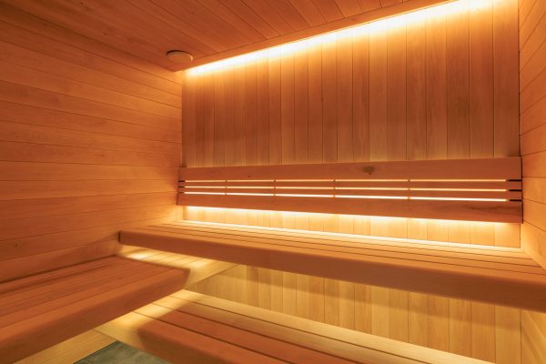 Finnish sauna. Interior of modern Sauna room wellness and spa. Empty interior of huge sauna